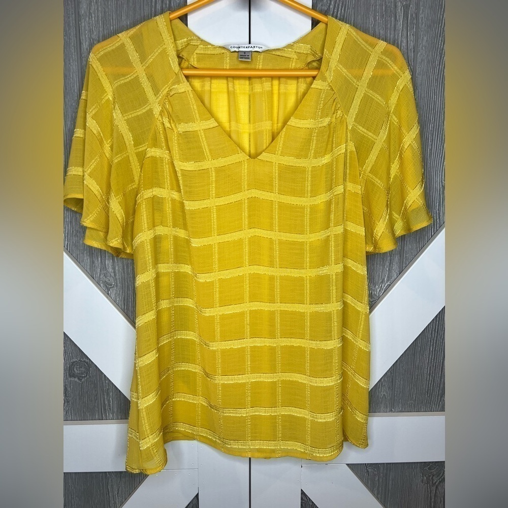 B4.03 Counterparts Yellow Checkered Plaid Short Flowy Sleeve Blouse Small S